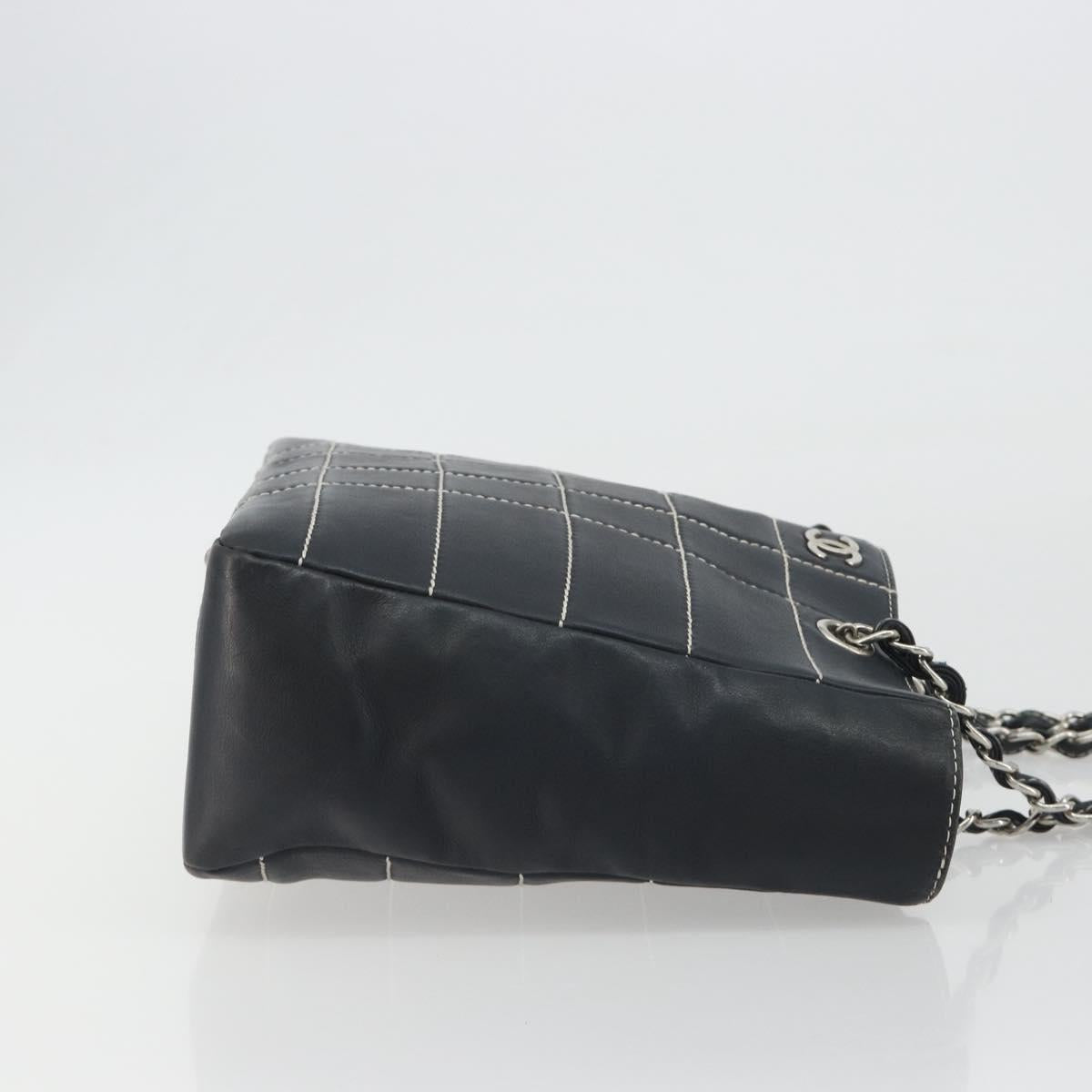 CHANEL Choco Bar Chain Tote Bag Lamb Skin Navy Silver CC Auth 188462SAV