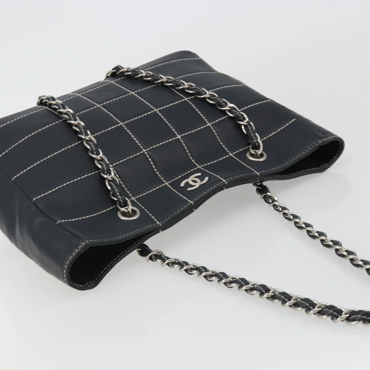 CHANEL Choco Bar Chain Tote Bag Lamb Skin Navy Silver CC Auth 188462SAV