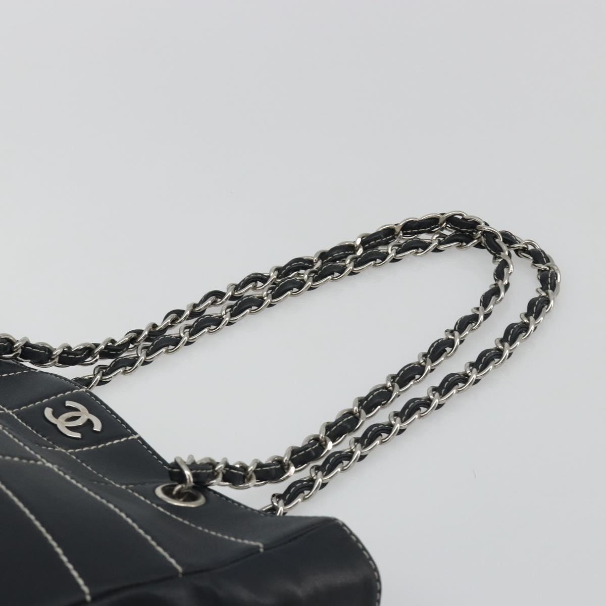 CHANEL Choco Bar Chain Tote Bag Lamb Skin Navy Silver CC Auth 188462SAV