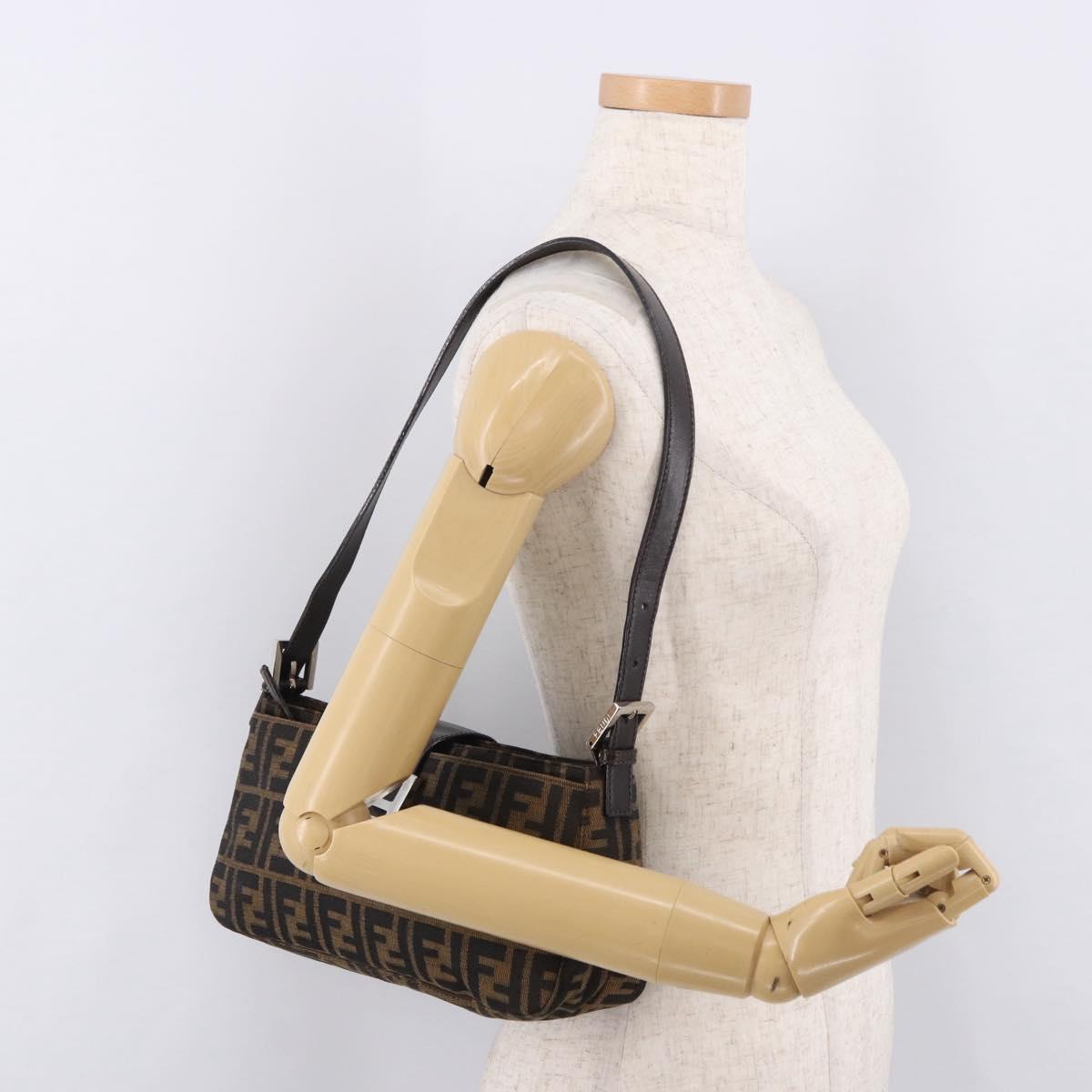 FENDI Zucca Canvas Shoulder Bag Black Brown Auth 188466SAM