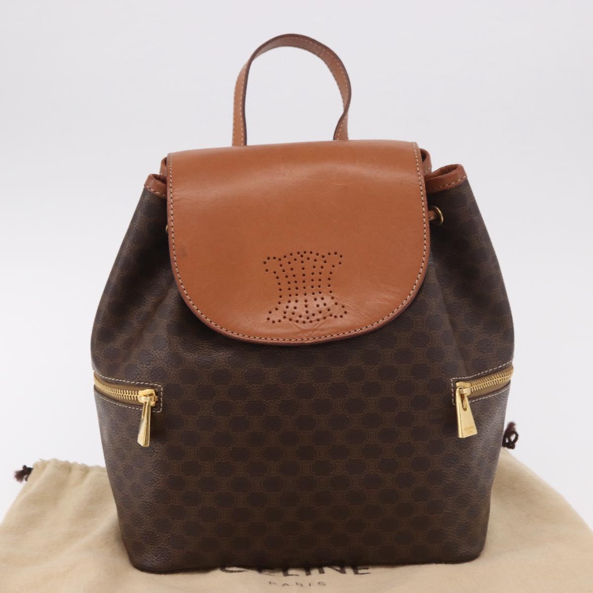 CELINE Macadam Canvas Backpack PVC Leather Brown Gold Auth 188472V