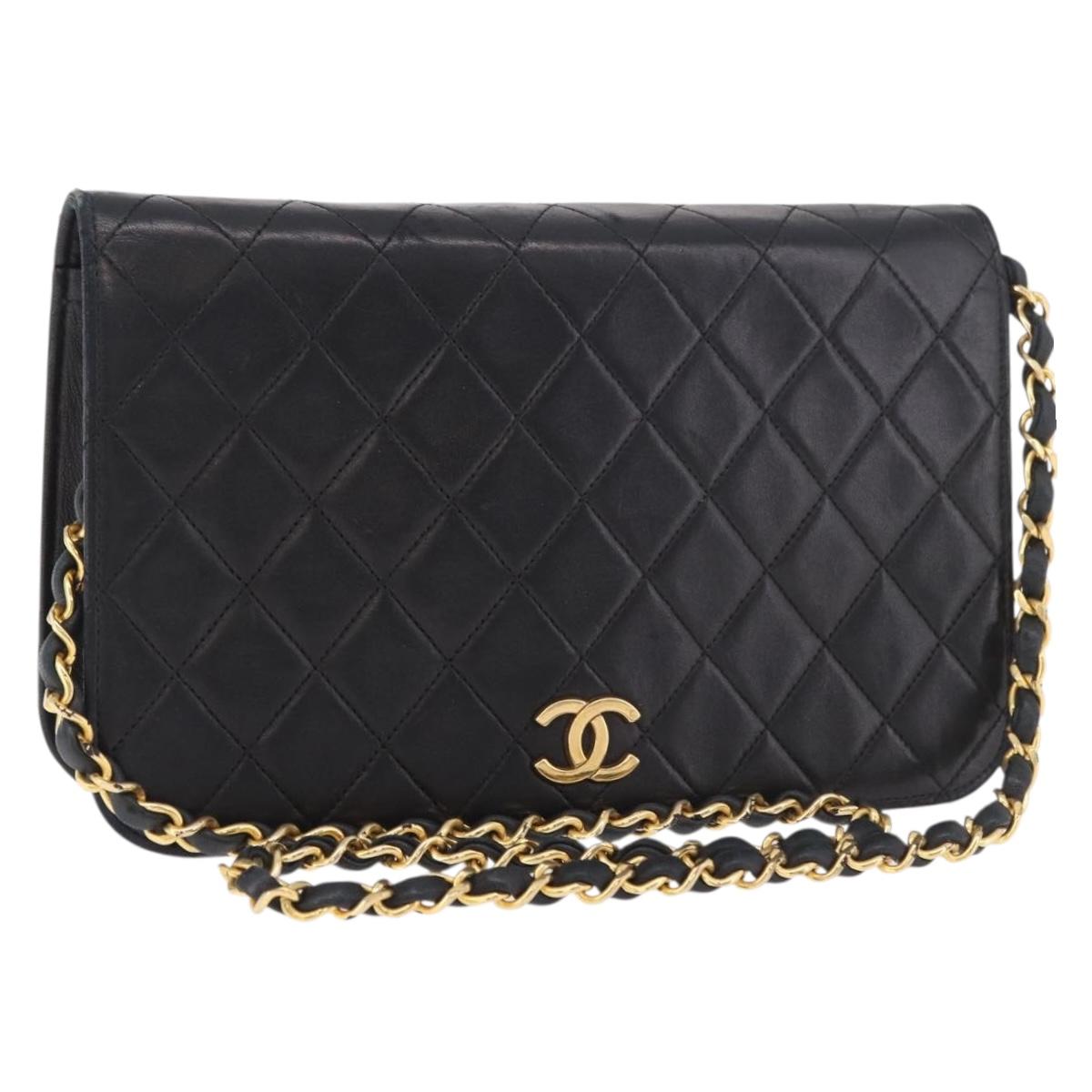 CHANEL Matelasse Single Flap Chain Bag Lamb Skin Black Gold CC Auth 188478