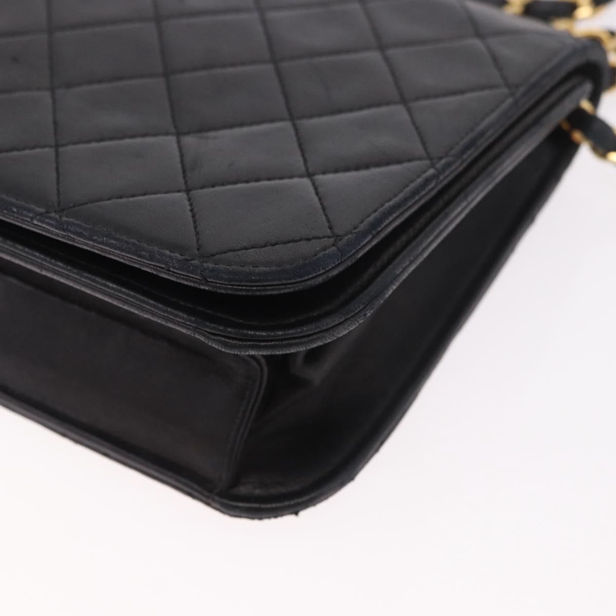 CHANEL Matelasse Single Flap Chain Bag Lamb Skin Black Gold CC Auth 188478
