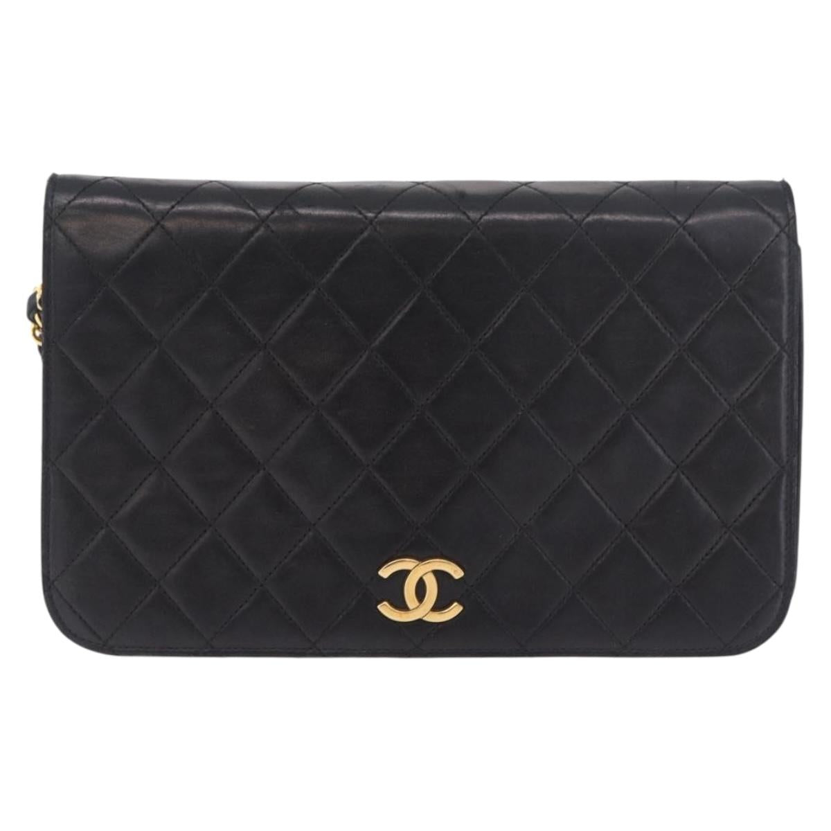 CHANEL Matelasse Single Flap Chain Bag Lamb Skin Black Gold CC Auth 188478