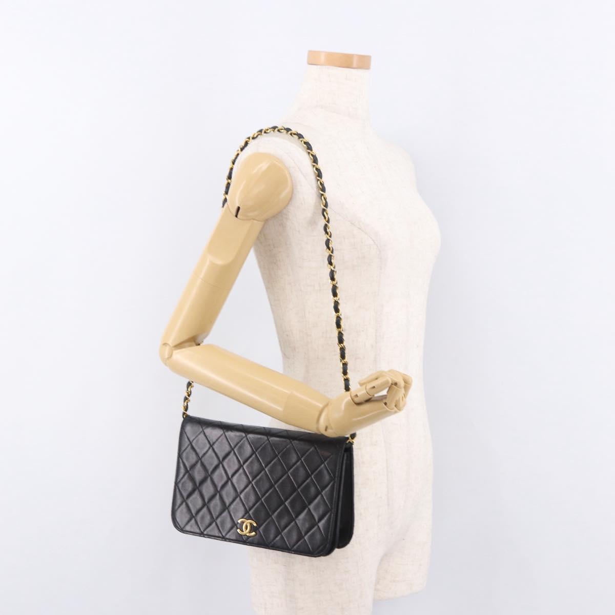CHANEL Matelasse Single Flap Chain Bag Lamb Skin Black Gold CC Auth 188478