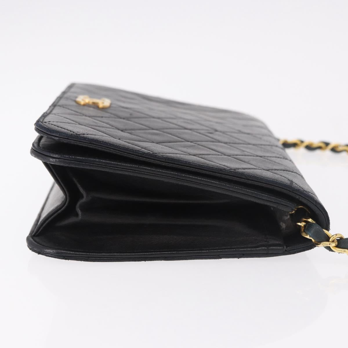 CHANEL Matelasse Single Flap Chain Bag Lamb Skin Black Gold CC Auth 188478