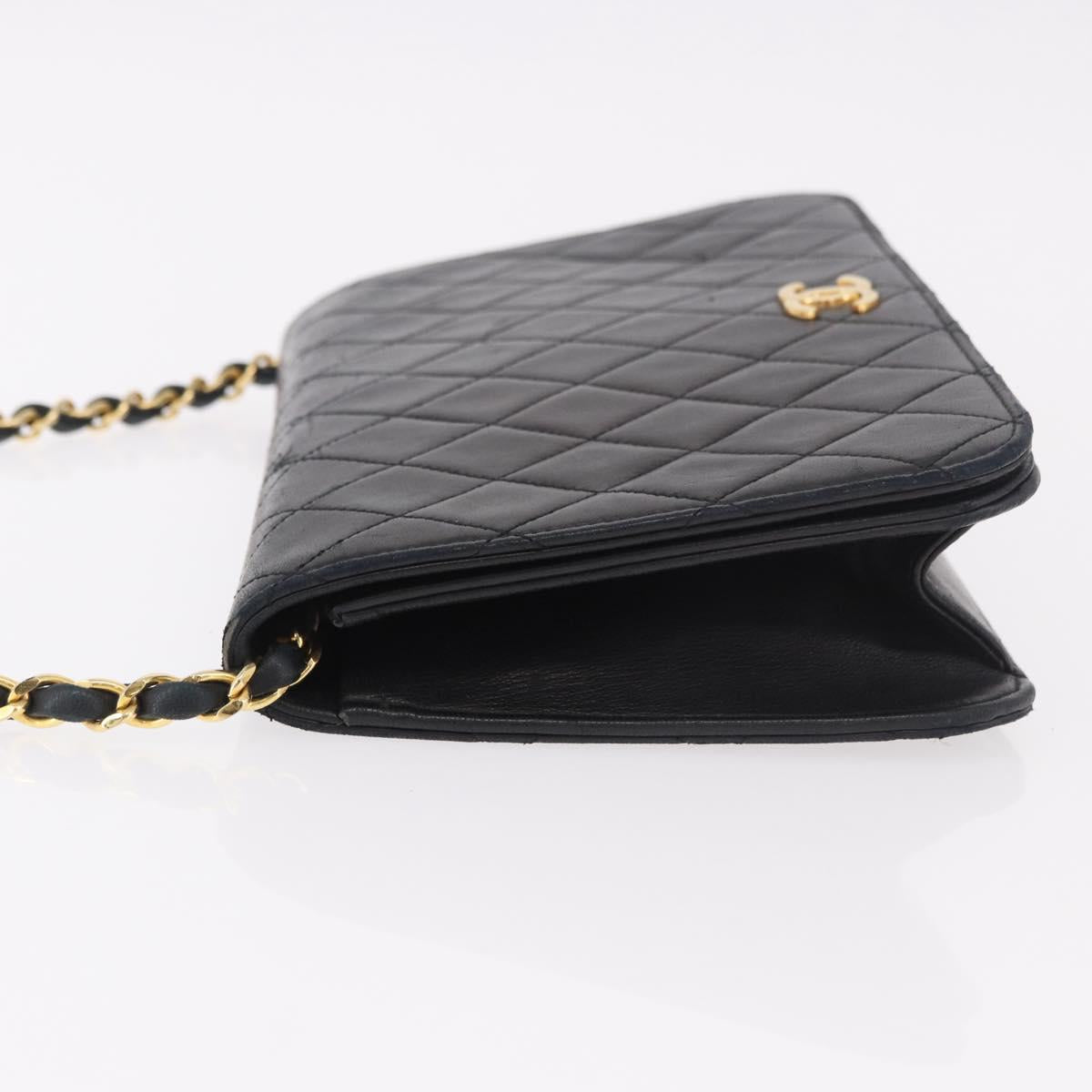CHANEL Matelasse Single Flap Chain Bag Lamb Skin Black Gold CC Auth 188478
