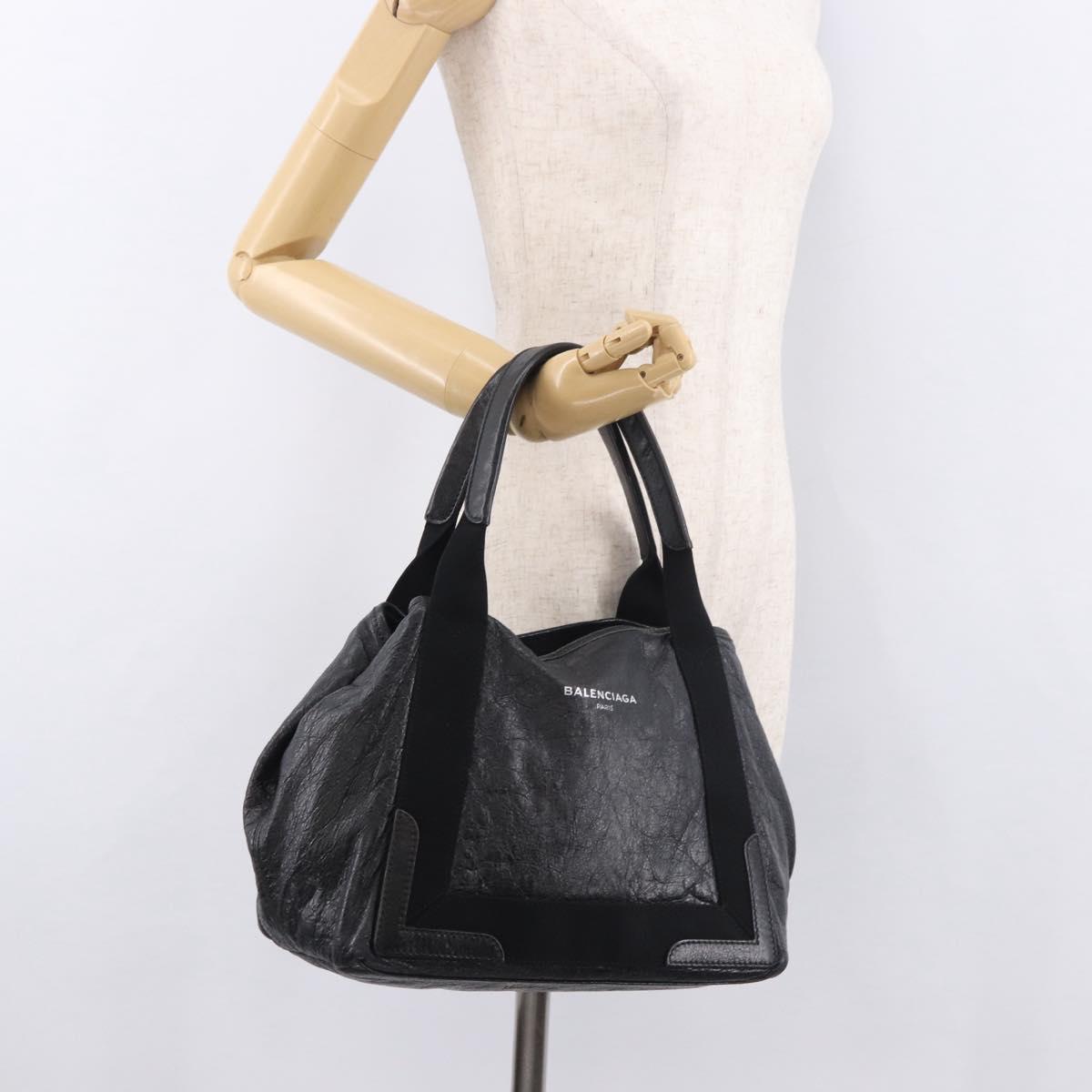 BALENCIAGA Navy Cabas S Hand Bag Leather Black Silver 339933 Auth 188486A