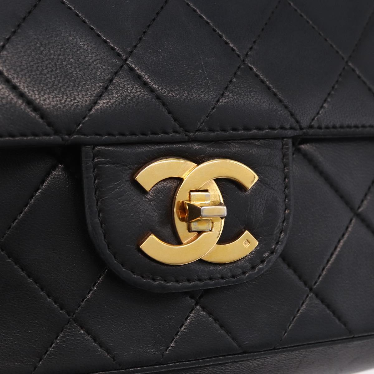 CHANEL Matelasse 25 Double Flap Chain Bag Lamb Skin Black Gold CC Auth 188495A