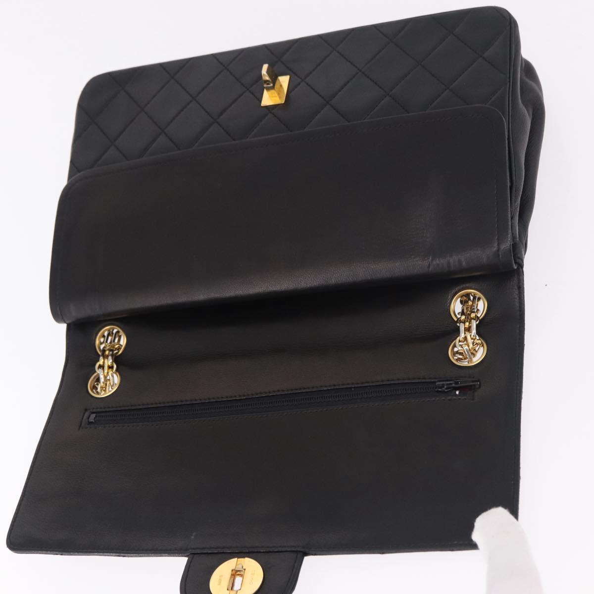 CHANEL Matelasse 25 Double Flap Chain Bag Lamb Skin Black Gold CC Auth 188495A