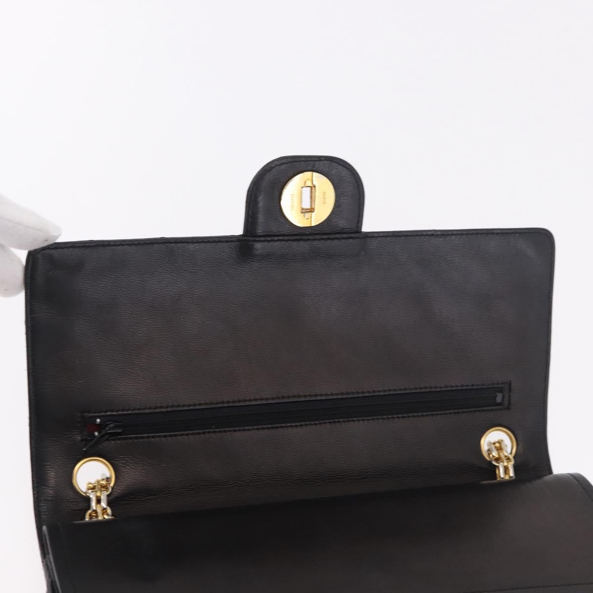 CHANEL Matelasse 25 Double Flap Chain Bag Lamb Skin Black Gold CC Auth 188495A