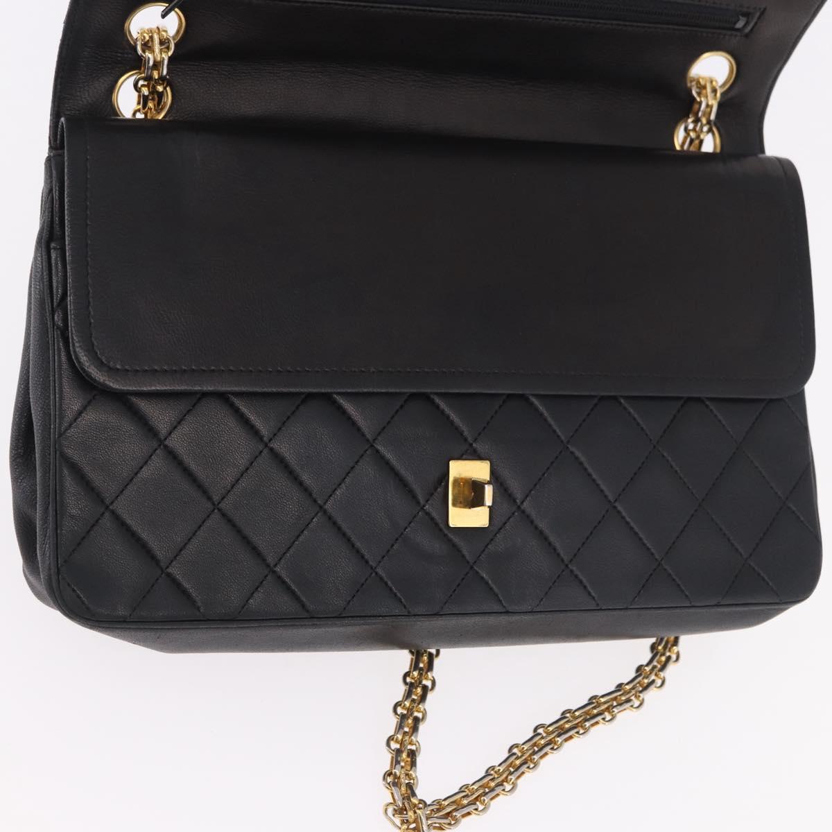 CHANEL Matelasse 25 Double Flap Chain Bag Lamb Skin Black Gold CC Auth 188495A