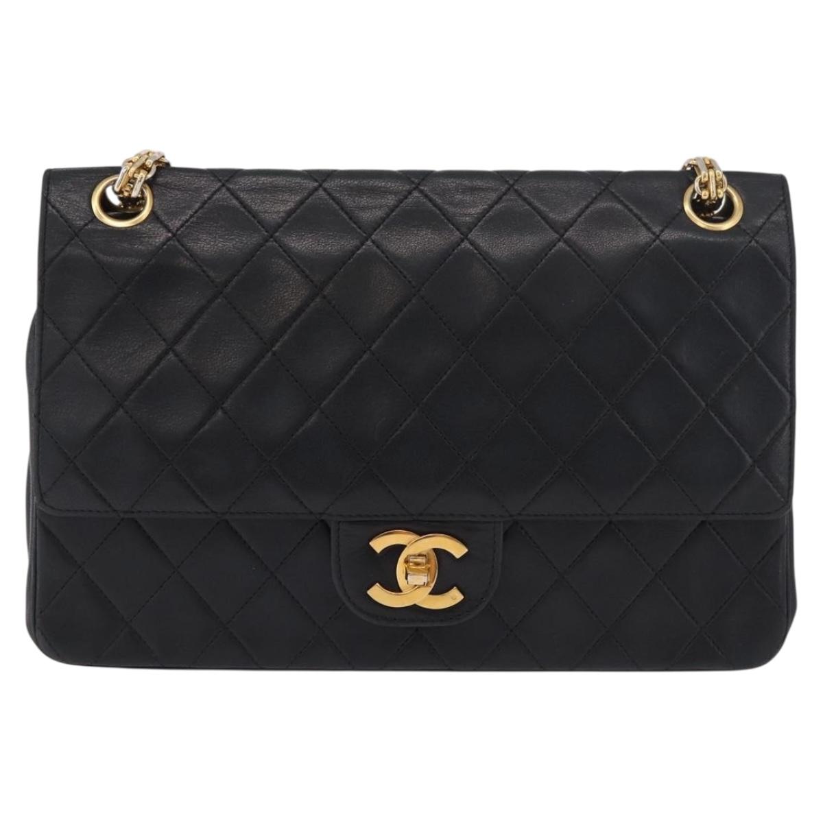 CHANEL Matelasse 25 Double Flap Chain Bag Lamb Skin Black Gold CC Auth 188495A