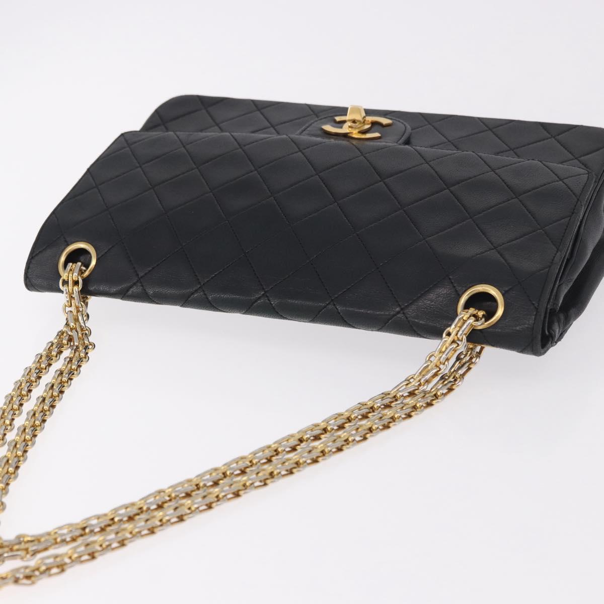 CHANEL Matelasse 25 Double Flap Chain Bag Lamb Skin Black Gold CC Auth 188495A