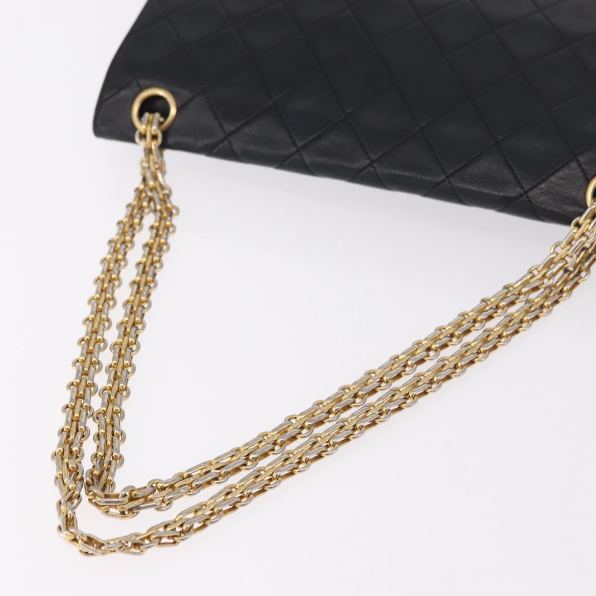CHANEL Matelasse 25 Double Flap Chain Bag Lamb Skin Black Gold CC Auth 188495A