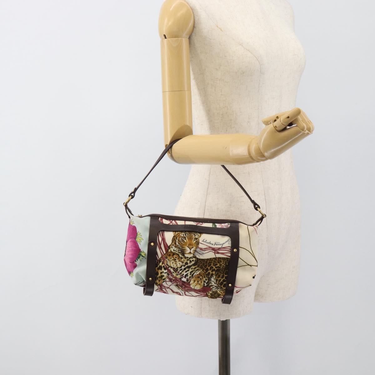 Salvatore Ferragamo Animal Pattern Hand Bag Nylon Beige Gold Auth 188499