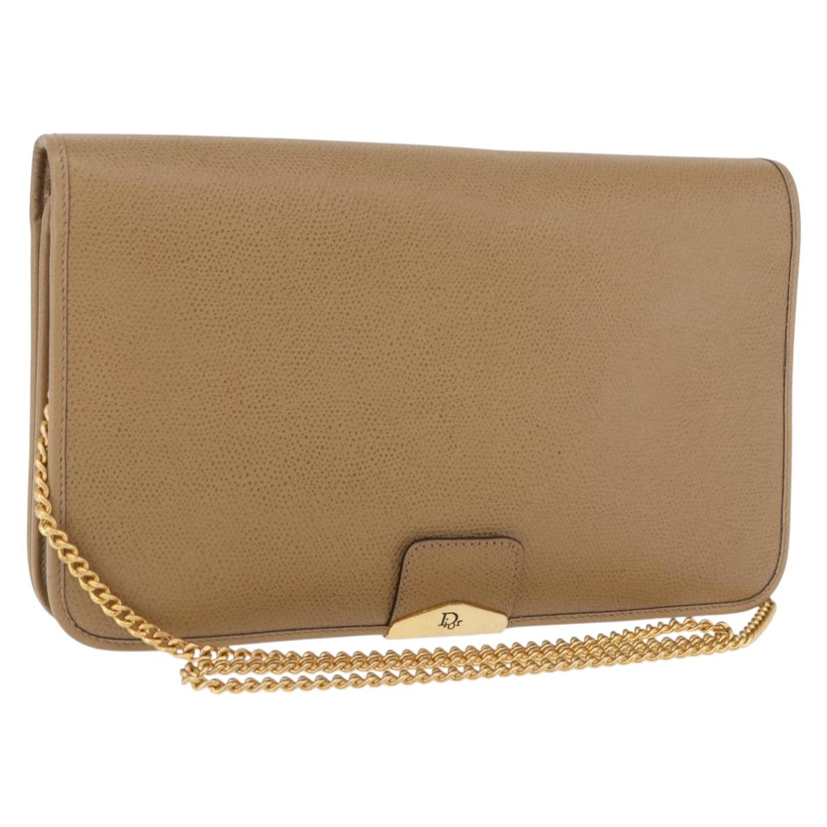 Christian Dior Chain Shoulder Bag Leather Beige Gold Auth 188501