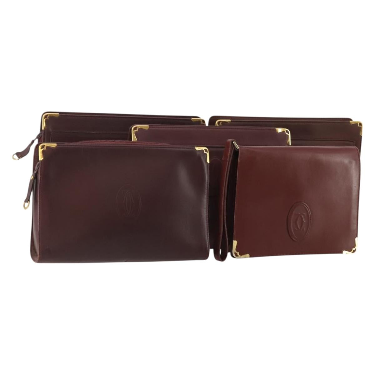 CARTIER Clutch Bag Leather 5 Set Bordeaux Gold Auth 188529