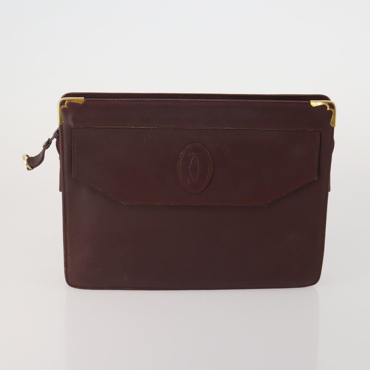CARTIER Clutch Bag Leather 5 Set Bordeaux Gold Auth 188529