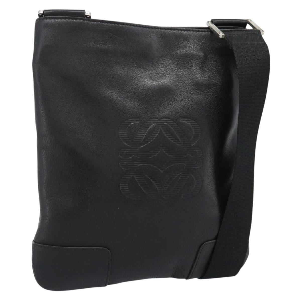 LOEWE Anagram Shoulder Bag Leather Black Silver Auth 188544A