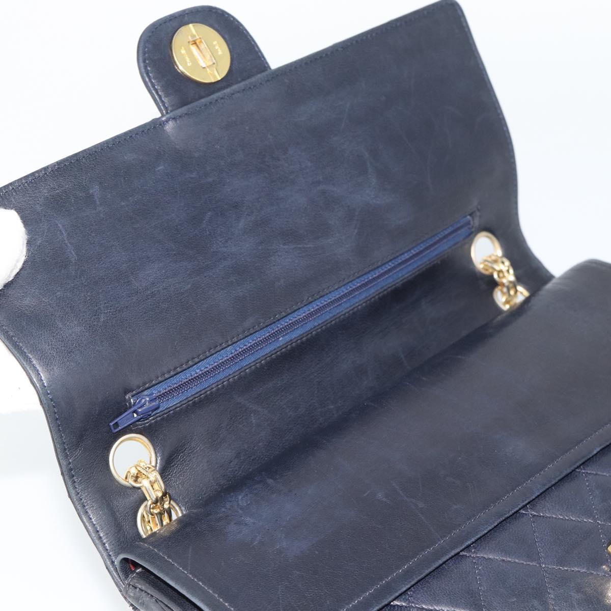 CHANEL Double Flap 25 Matelasse Chain Bag Lamb Skin Navy Gold CC Auth 188549SAV