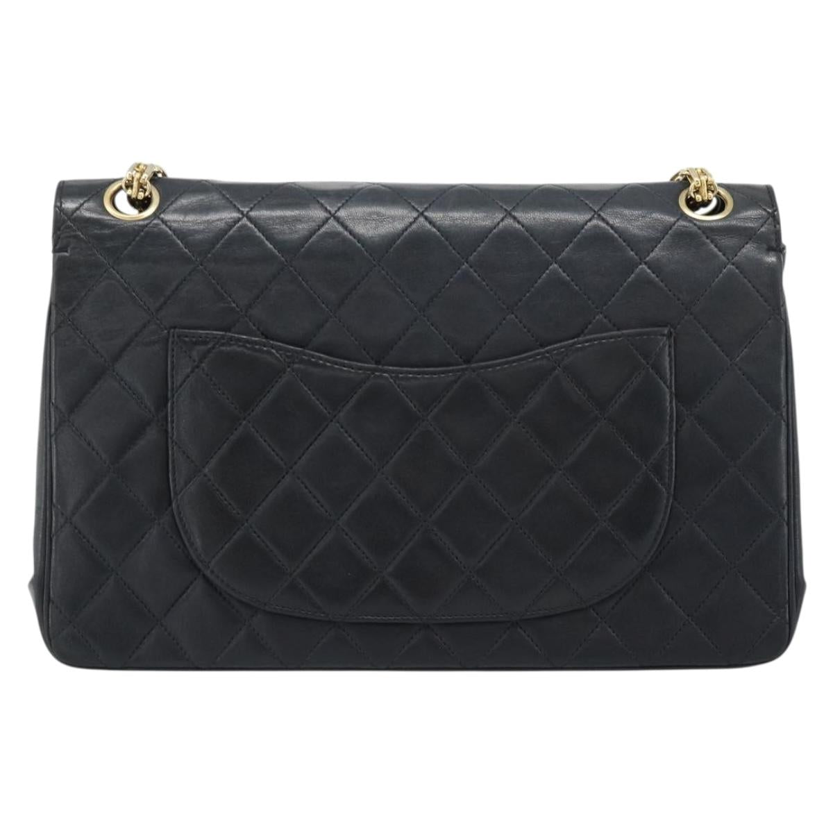 CHANEL Double Flap 25 Matelasse Chain Bag Lamb Skin Navy Gold CC Auth 188549SAV