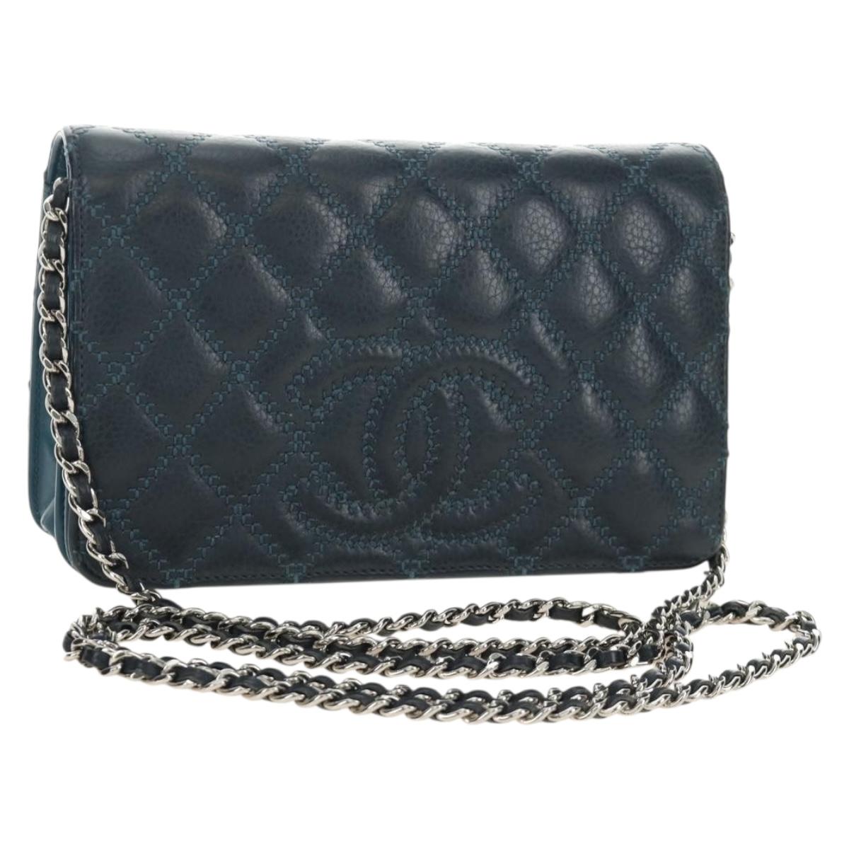 CHANEL Matelasse Chain Wallet Bag Caviar Skin Navy Silver CC Auth 188550SAV