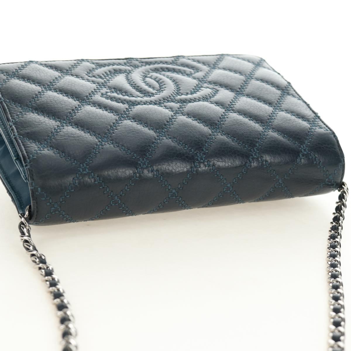 CHANEL Matelasse Chain Wallet Bag Caviar Skin Navy Silver CC Auth 188550SAV