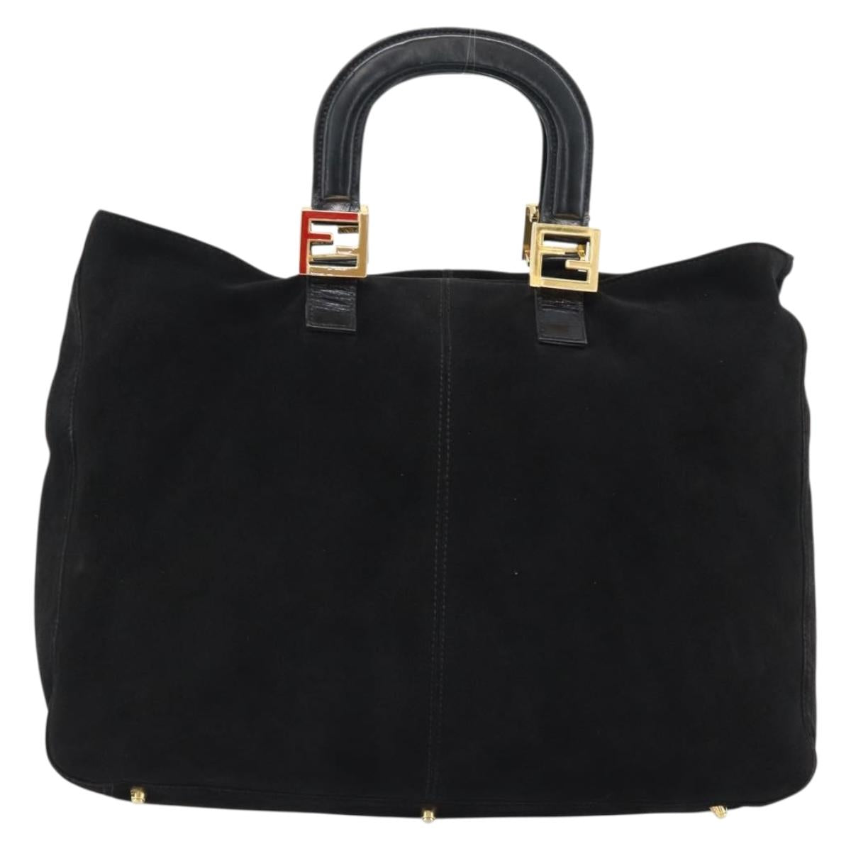 FENDI Hand Bag Suede Black Gold Auth 188554A