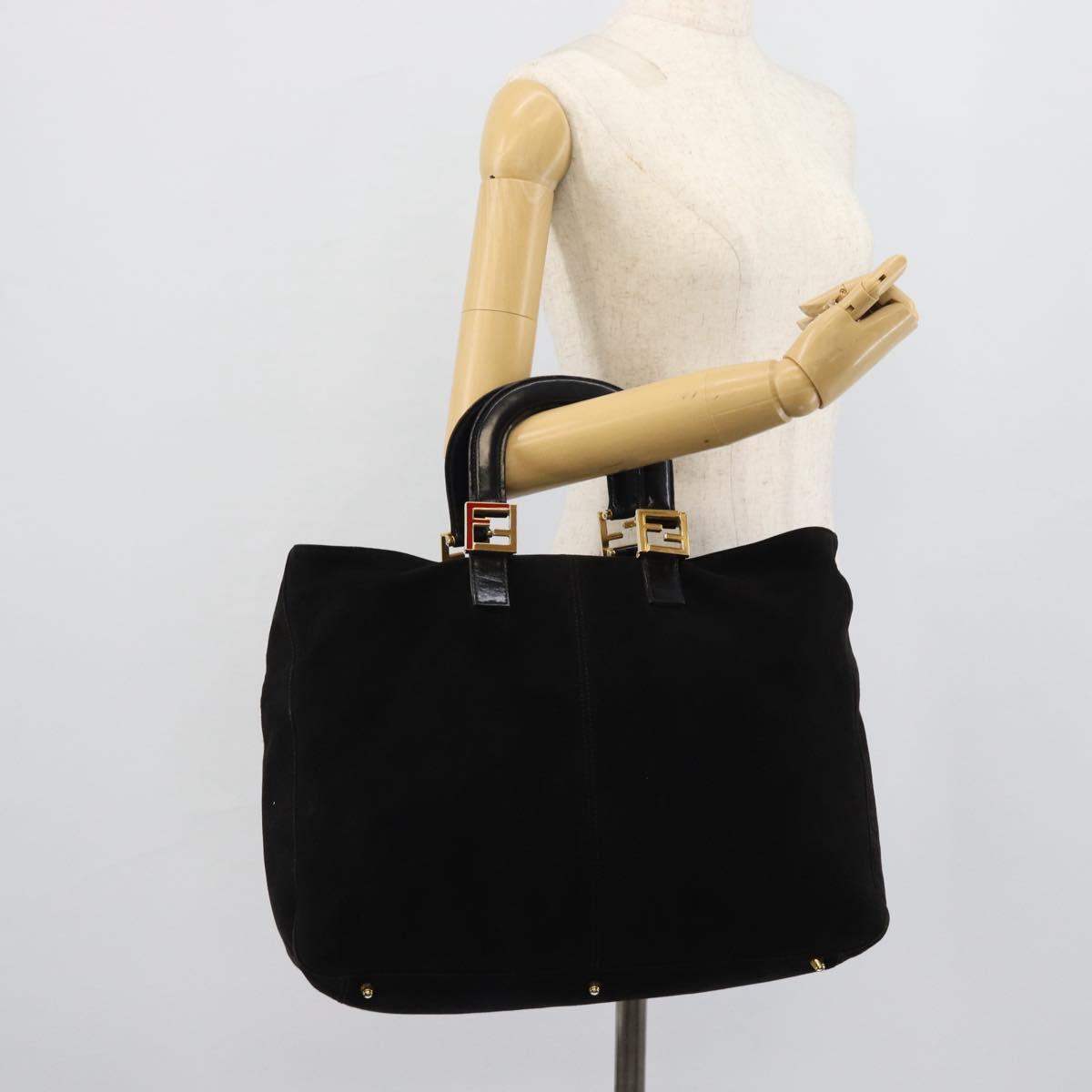 FENDI Hand Bag Suede Black Gold Auth 188554A