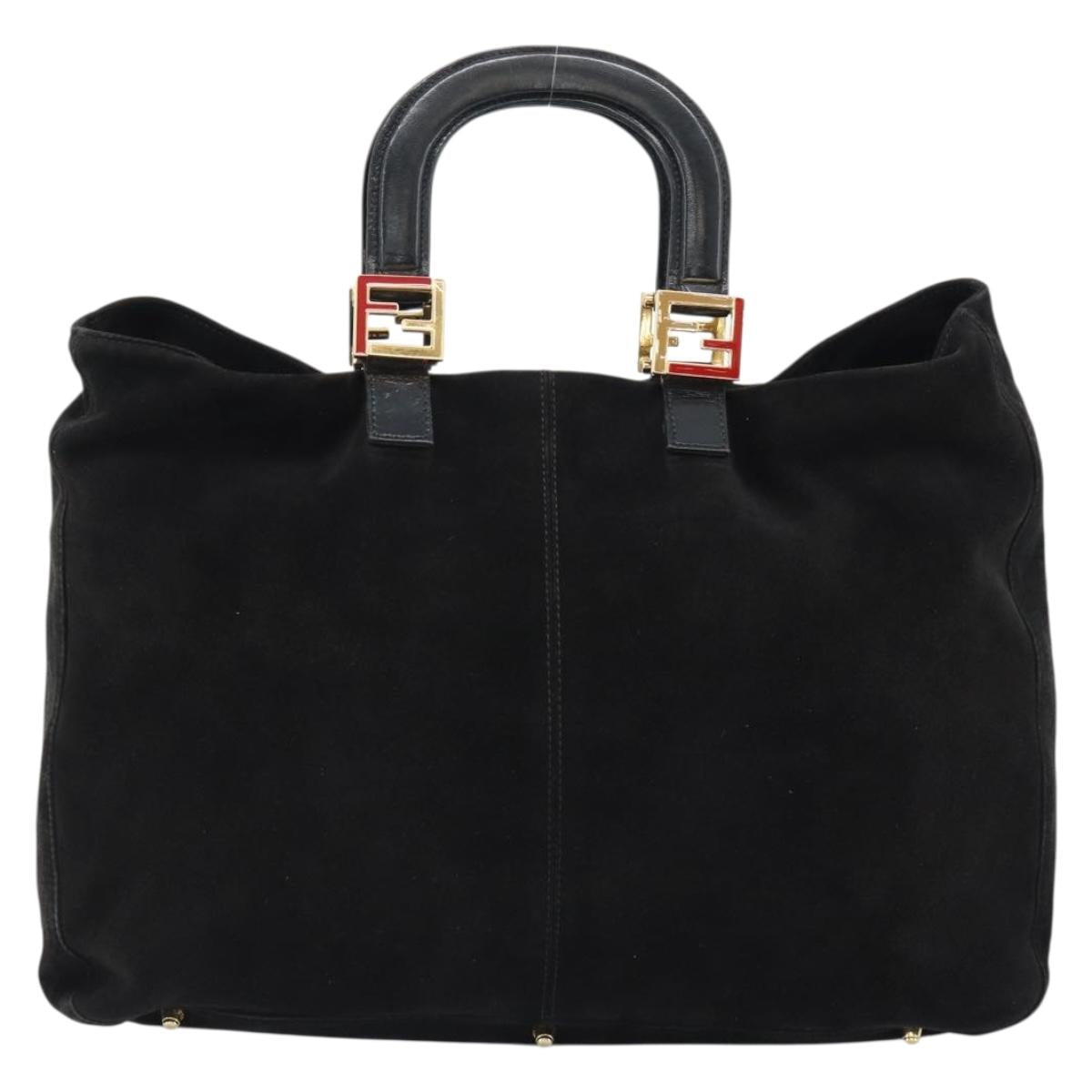 FENDI Hand Bag Suede Black Gold Auth 188554A