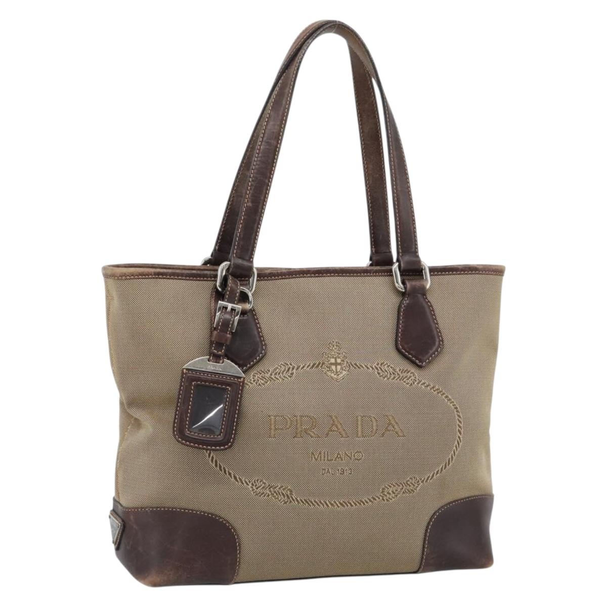 PRADA Hand Bag Canvas Beige Silver Auth 188564