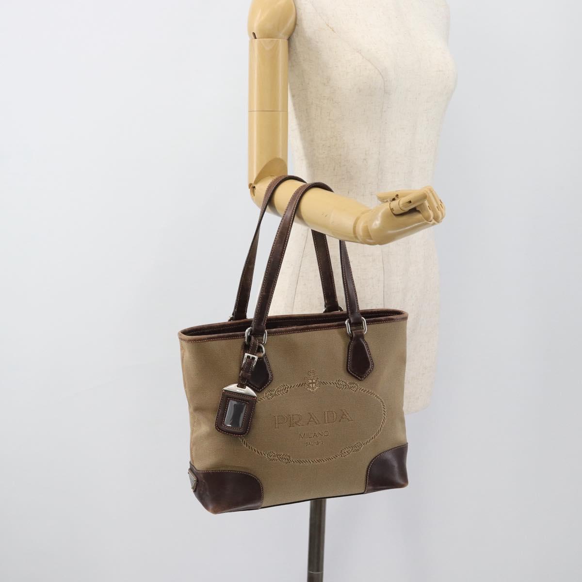 PRADA Hand Bag Canvas Beige Silver Auth 188564