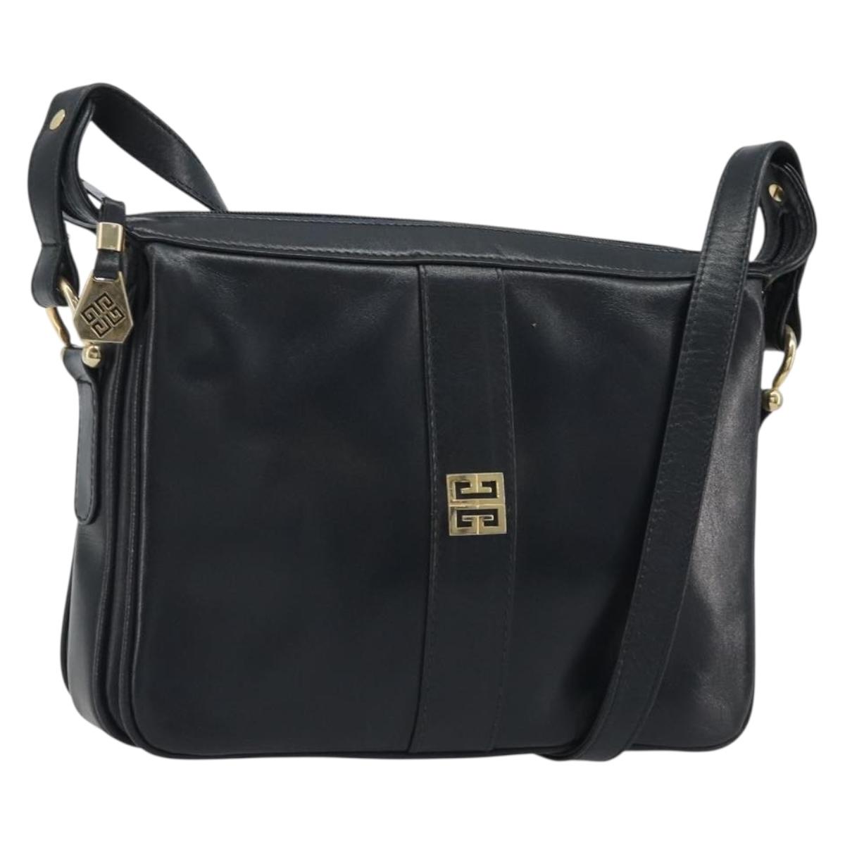 GIVENCHY Shoulder Bag Leather Navy Gold Auth 188588