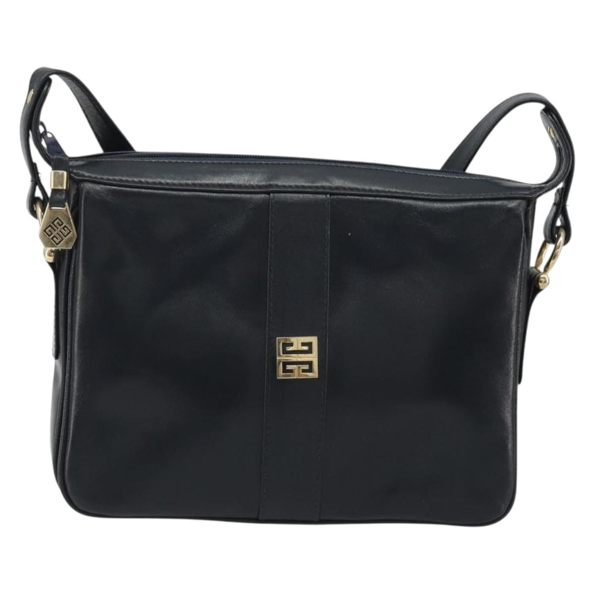 GIVENCHY Shoulder Bag Leather Navy Gold Auth 188588