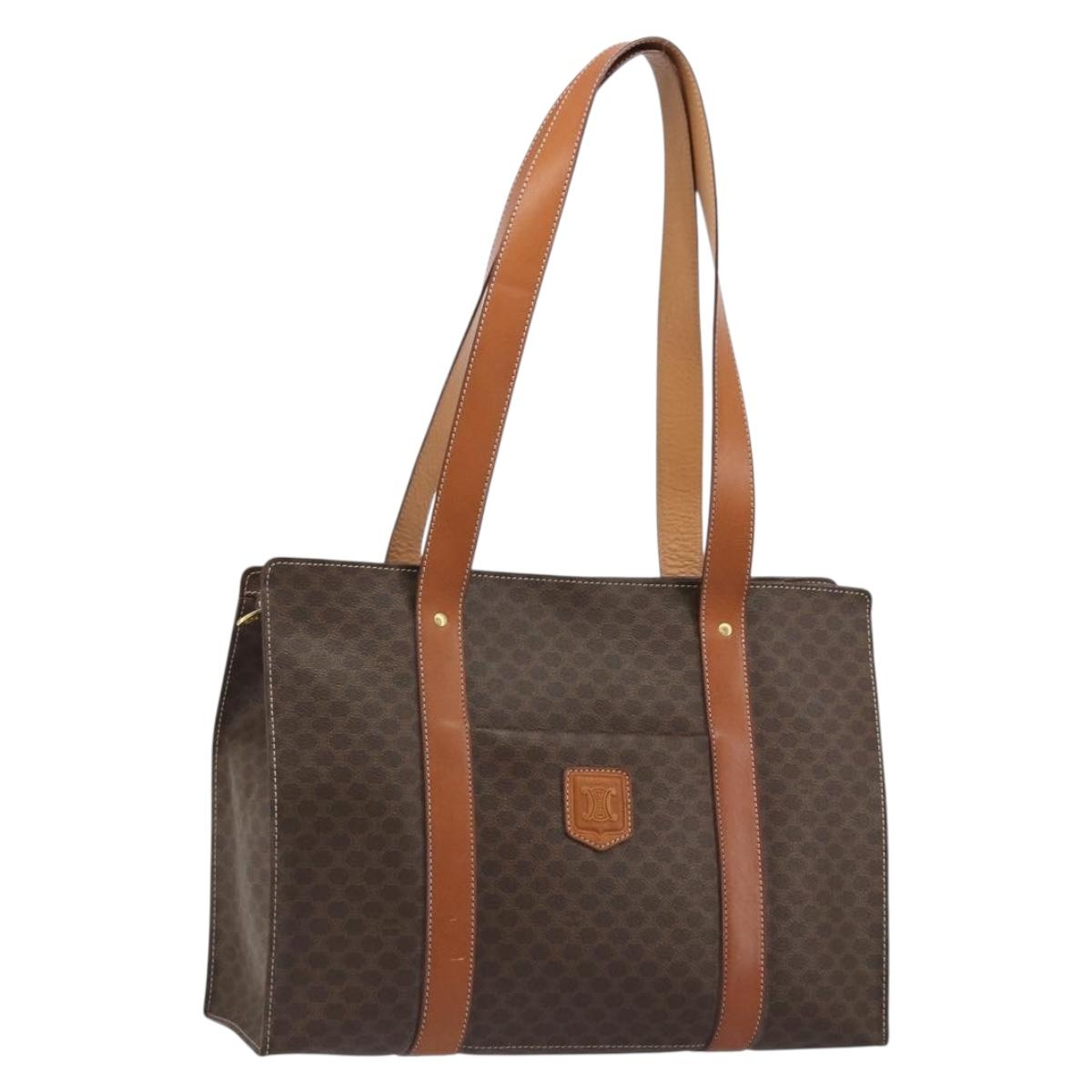 CELINE Macadam Canvas Tote Bag PVC Leather Brown Gold Auth 188607A
