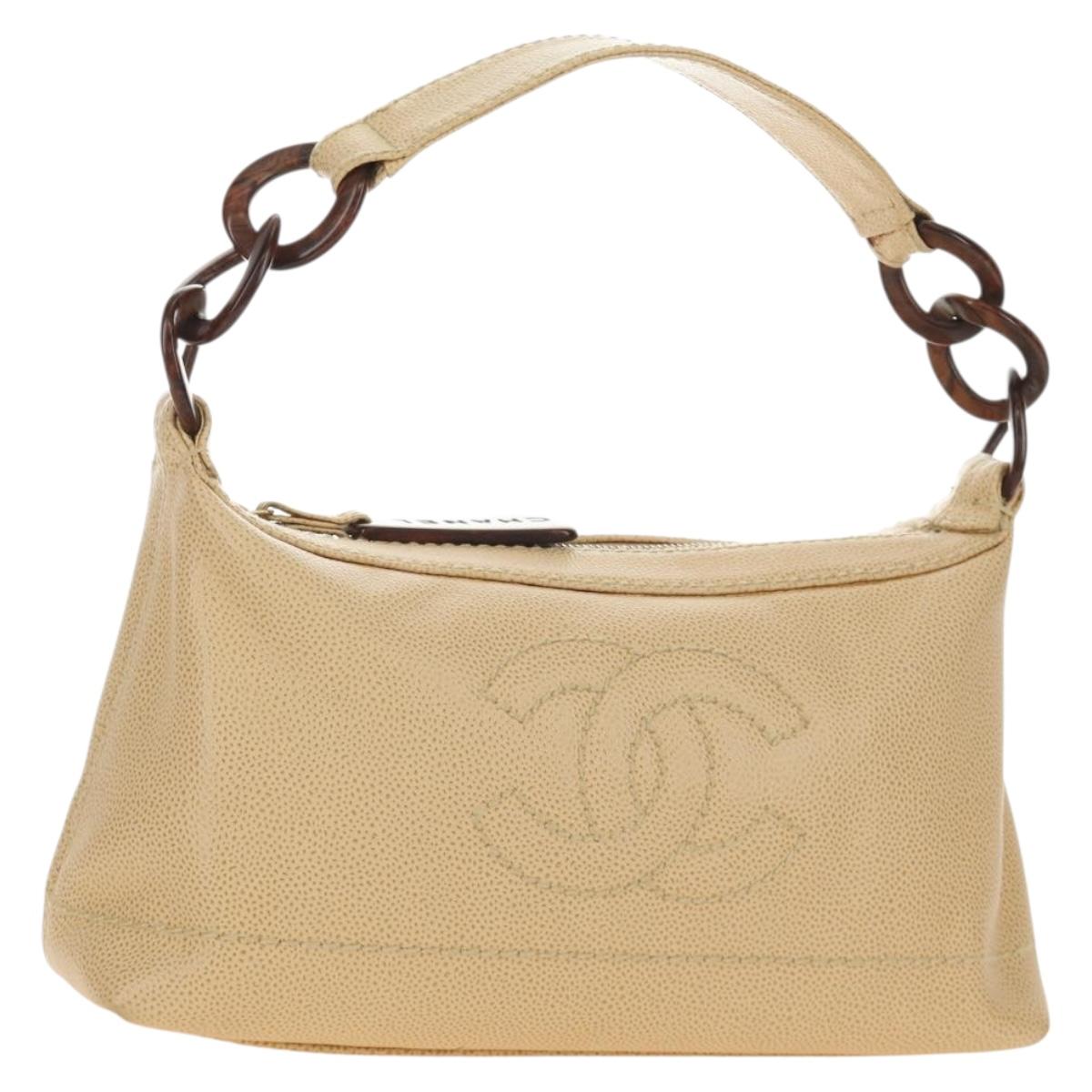 CHANEL Shoulder Bag Caviar Skin Beige Gold CC Auth 188609SAV