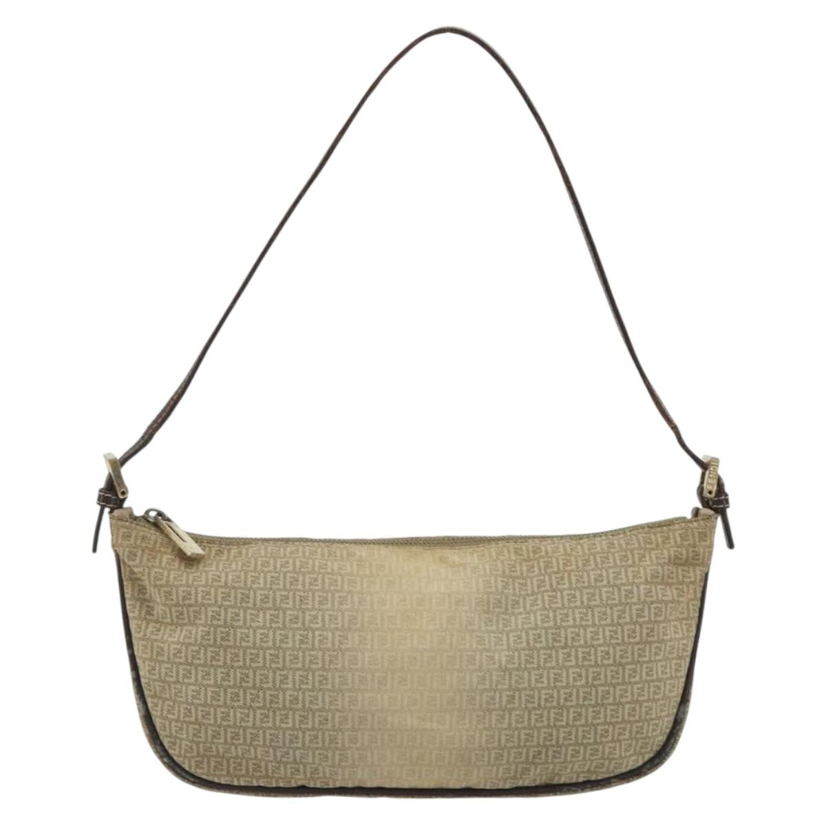 FENDI Zucchino Canvas Hand Pouch Beige Gold Auth 188611A