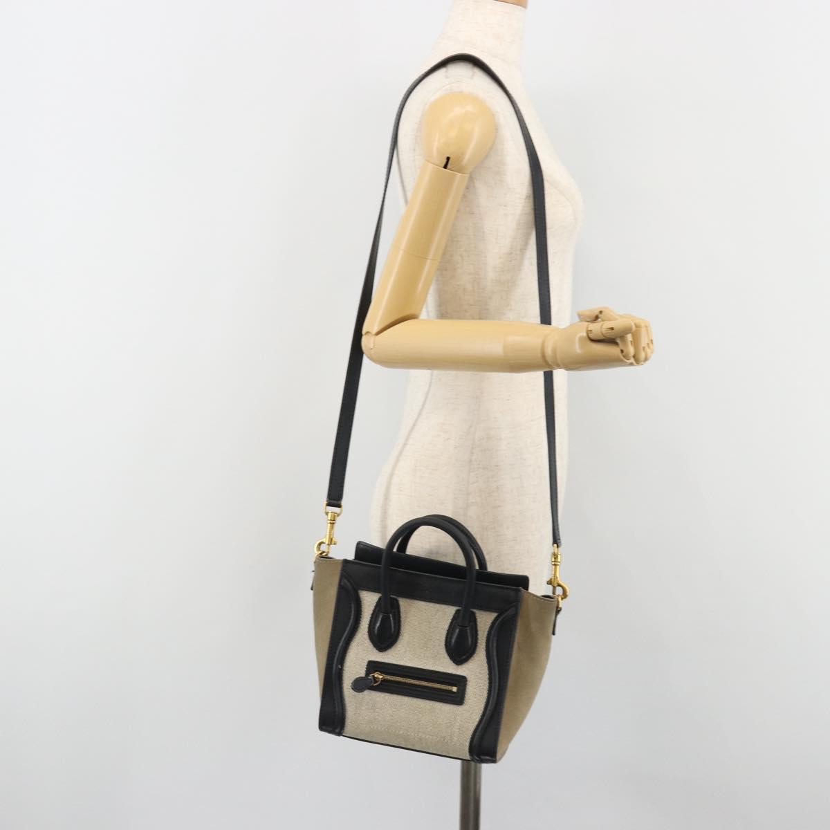 CELINE Luggage Nano Shopper Hand Bag Canvas Leather 2way Gray Gold Auth 188633A