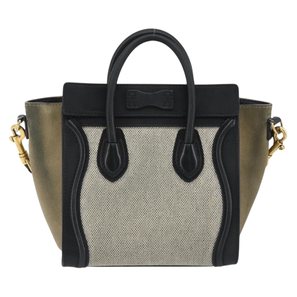 CELINE Luggage Nano Shopper Hand Bag Canvas Leather 2way Gray Gold Auth 188633A