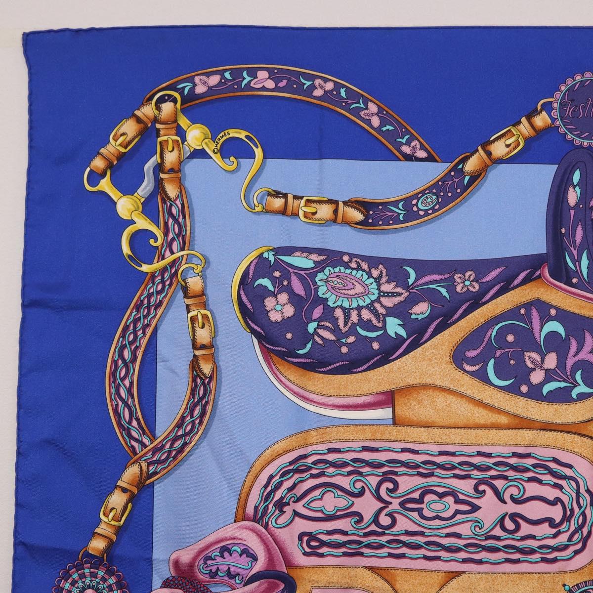 HERMES Carre 90 Scarf Silk ""H d ORIGNY"" Blue Auth 188636M