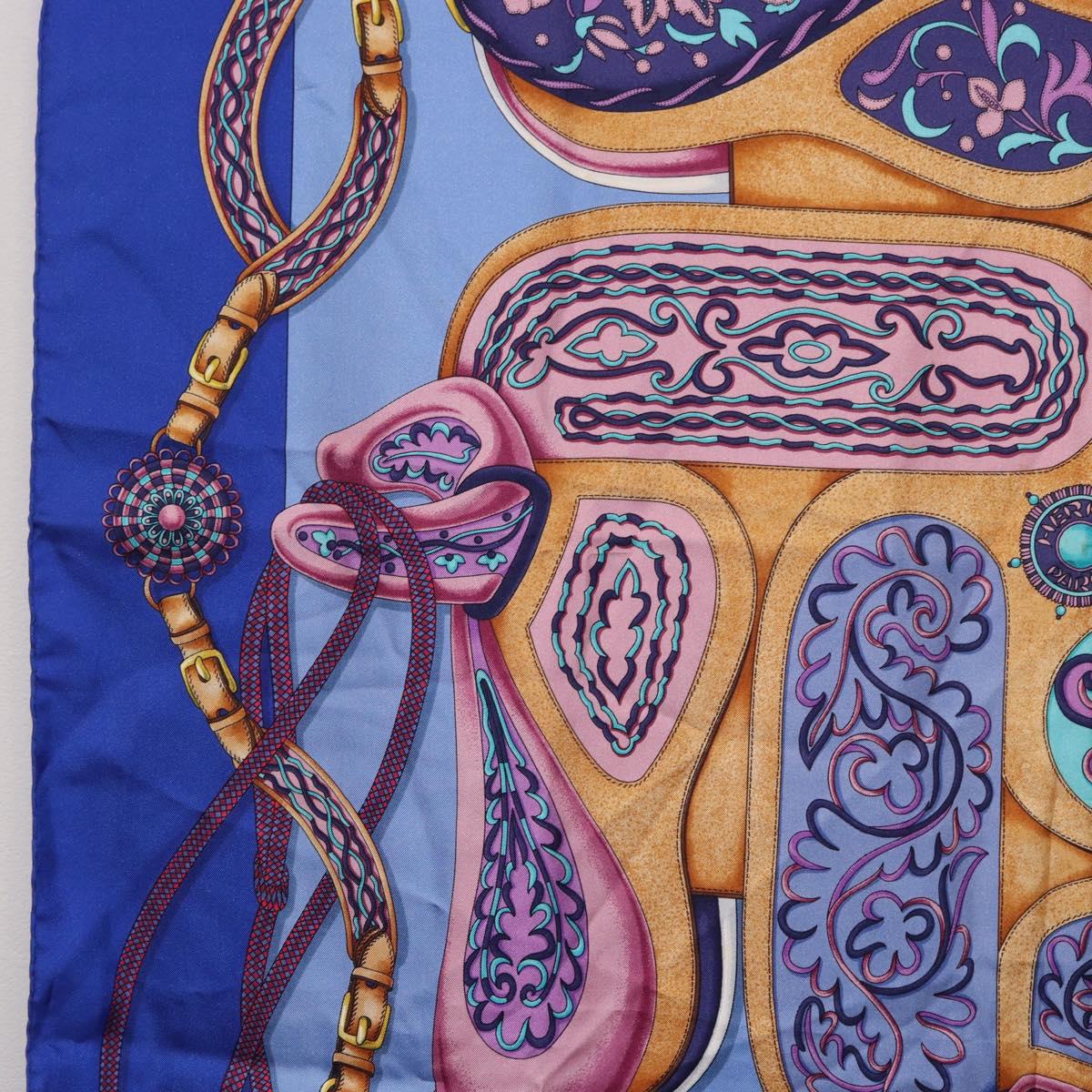 HERMES Carre 90 Scarf Silk ""H d ORIGNY"" Blue Auth 188636M
