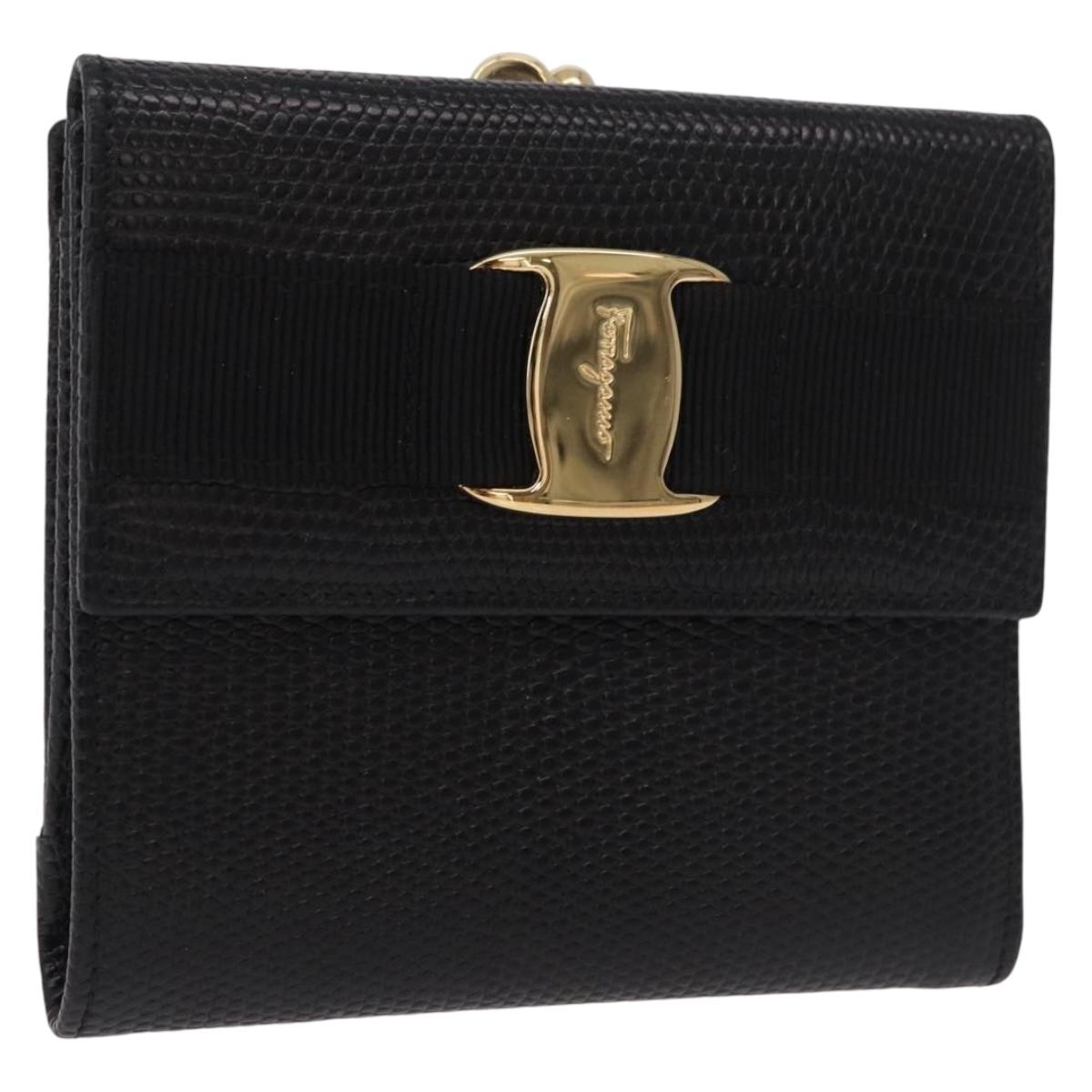Salvatore Ferragamo Vala Long Wallet Leather Black Gold Auth 188659A