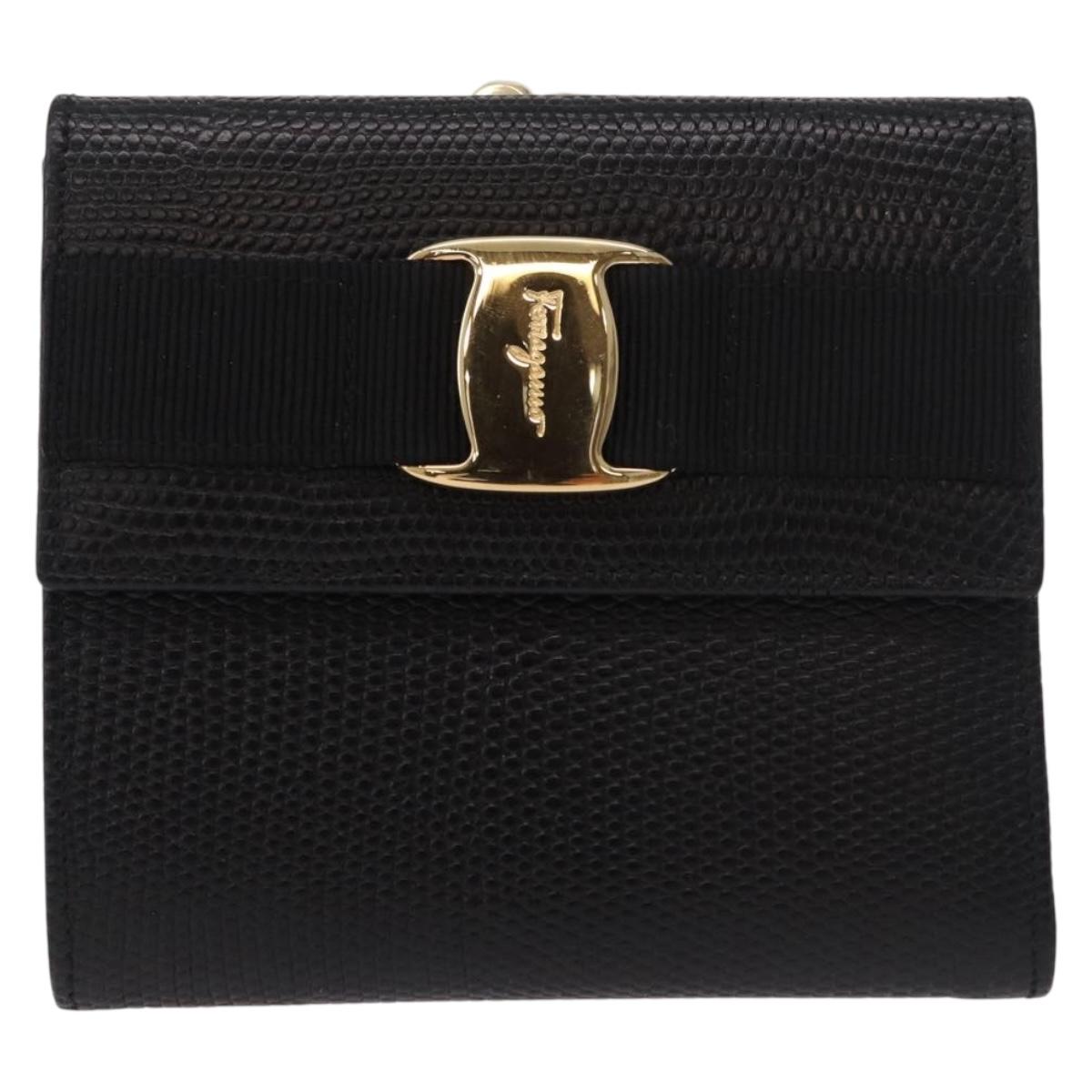 Salvatore Ferragamo Vala Long Wallet Leather Black Gold Auth 188659A