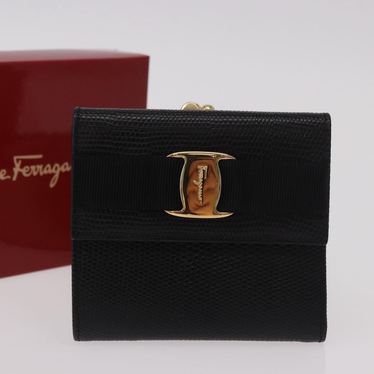 Salvatore Ferragamo Vala Long Wallet Leather Black Gold Auth 188659A