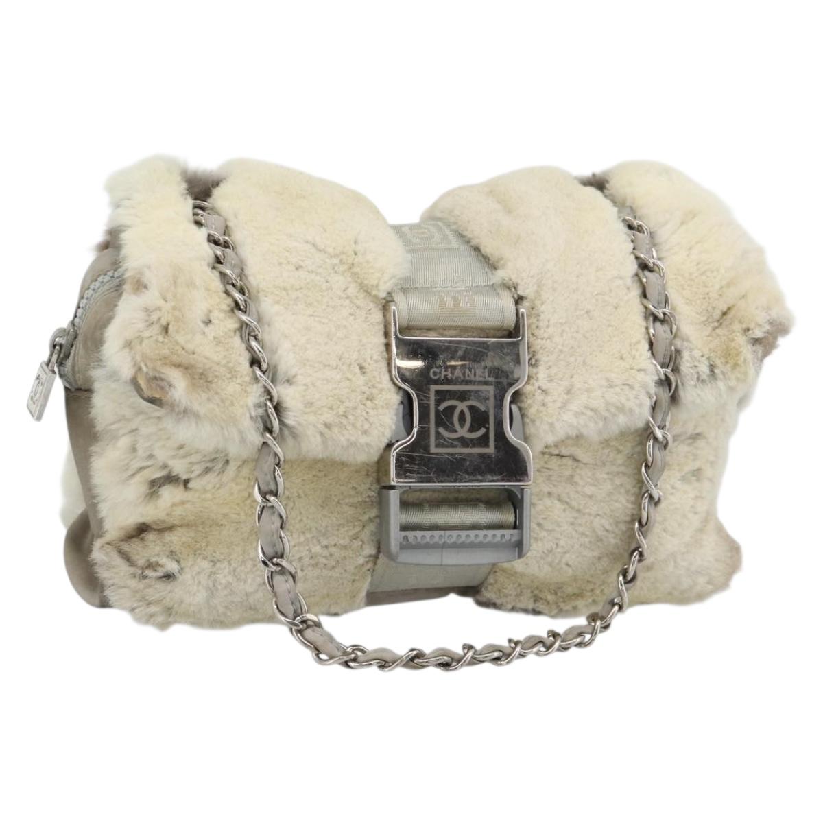 CHANEL Sports Line Chain Shoulder Bag Fur Gray Silver CC Auth 188719