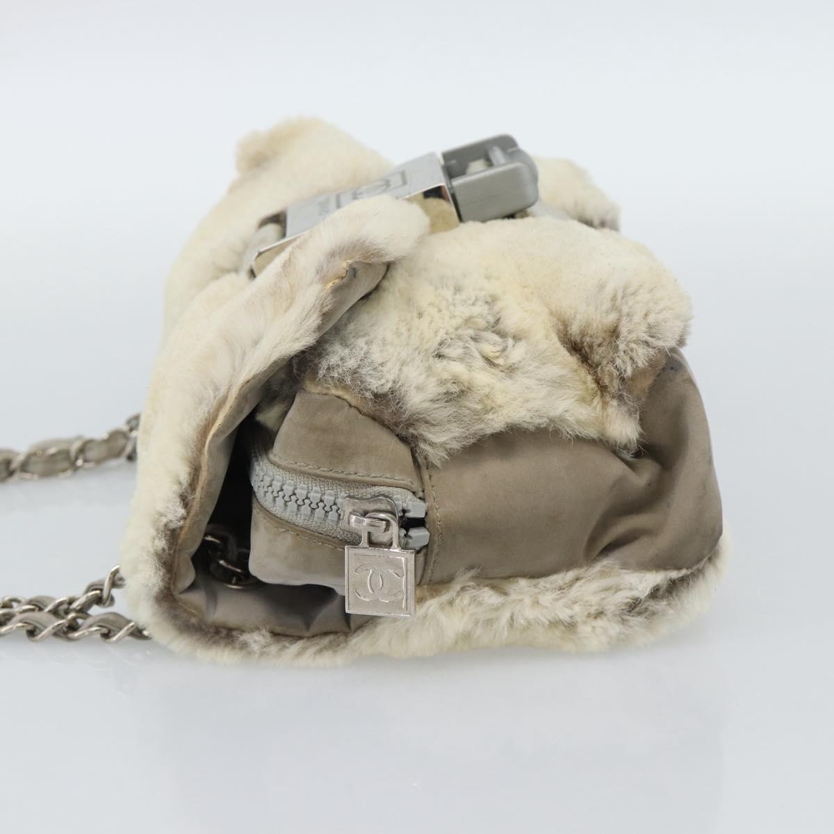 CHANEL Sports Line Chain Shoulder Bag Fur Gray Silver CC Auth 188719