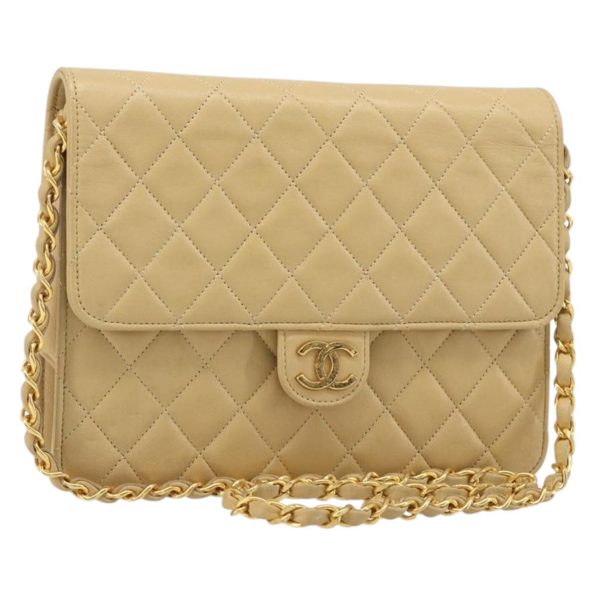 CHANEL Matelasse Chain Shoulder Bag Lamb Skin Beige Gold CC Auth 188721