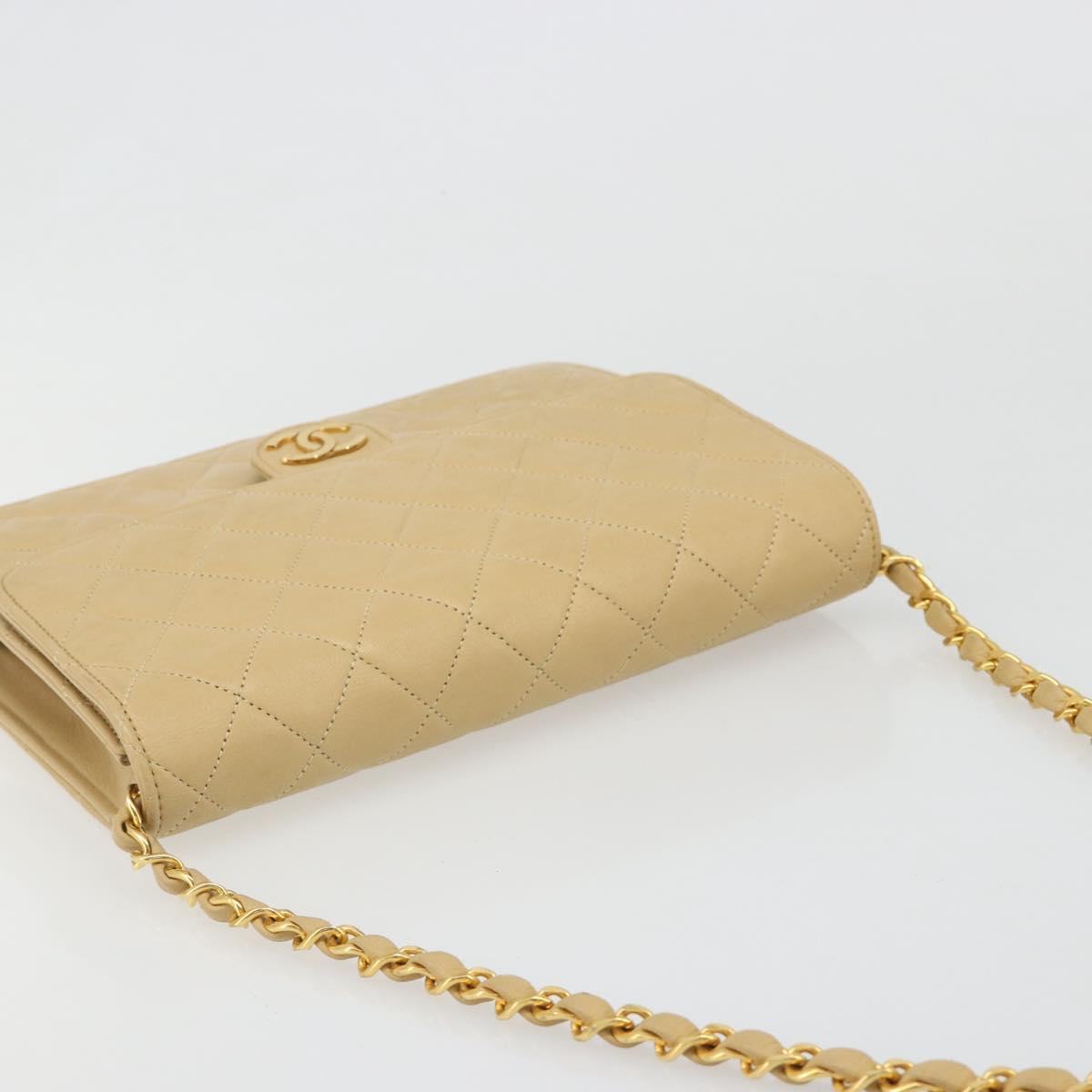 CHANEL Matelasse Chain Shoulder Bag Lamb Skin Beige Gold CC Auth 188721