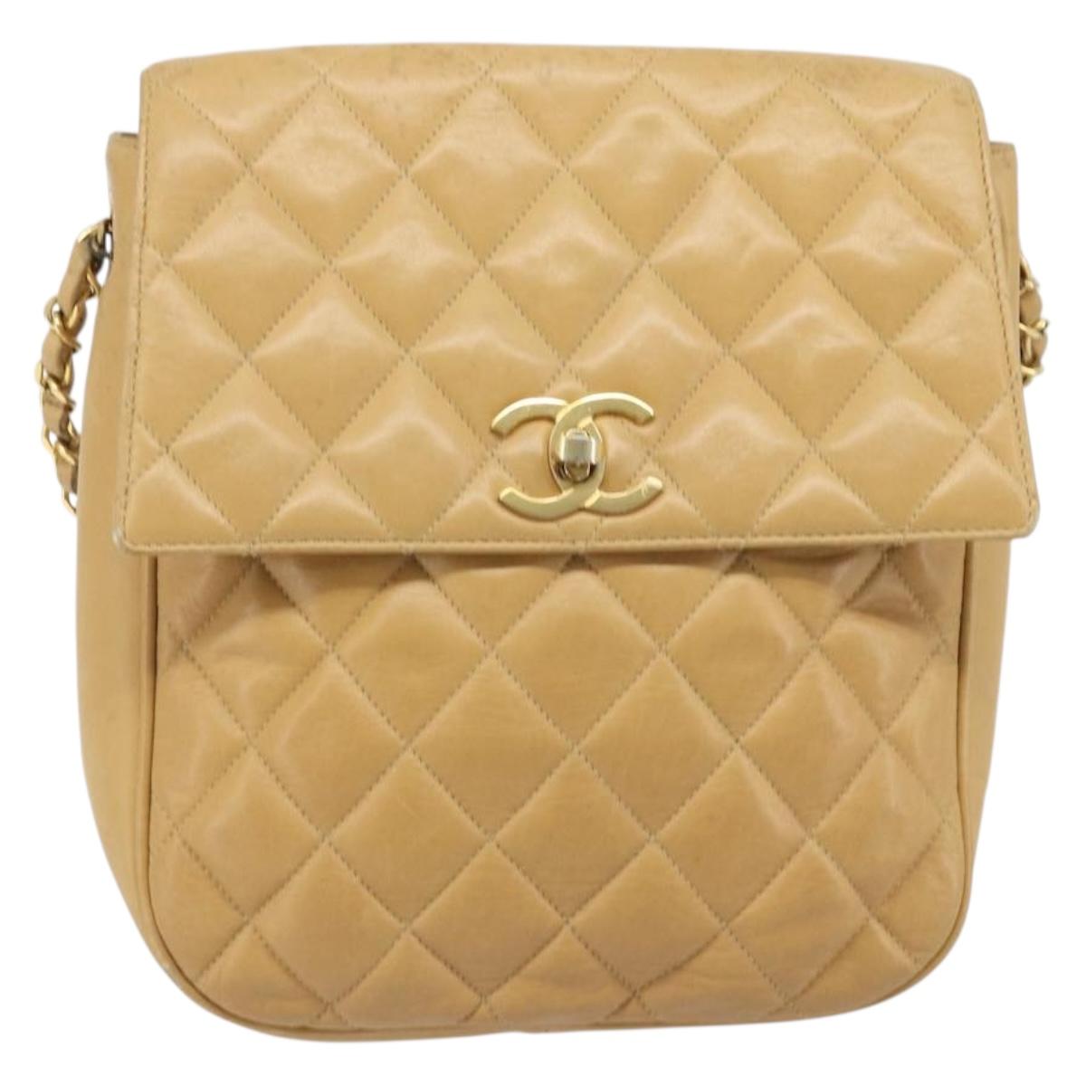 CHANEL Matelasse Chain Shoulder Bag Leather Beige Gold CC Auth 188722